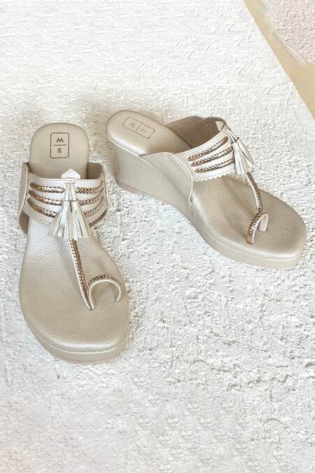 Sandalwali_Beige Tassels Deepika Detail Kolhapuri Wedges _Online_at_Aza_Fashions