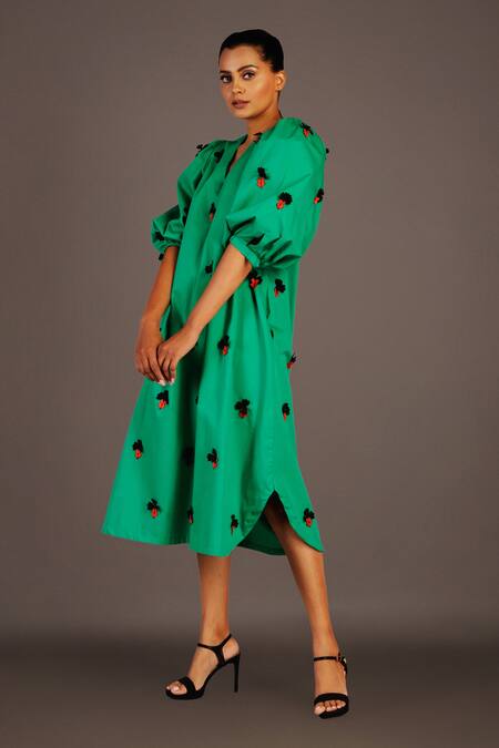 Deepika Arora Green Cotton Floral, Confetti V Neck Straight Placement Embroidered Dress 4