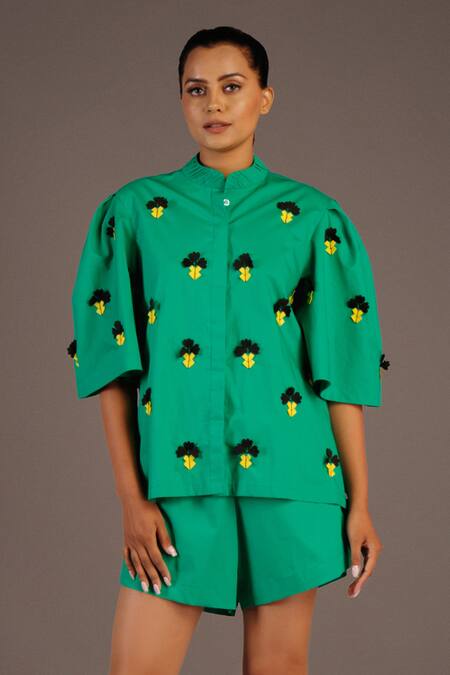 Deepika Arora_Green Cotton Floral, Confetti Mandarin Collar Embroidered Shirt And Shorts Set_Online_at_Aza_Fashions