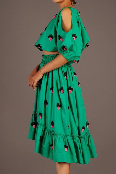 Shop Deepika Arora Green Cotton Floral, Confetti Asymmetric One Shoulder Top And Skirt Set Online at Aza Fashions Shop_Deepika Arora_Green Cotton Floral, Confetti Asymmetric One Shoulder Top And Skirt Set_Online_at_Aza_Fashions