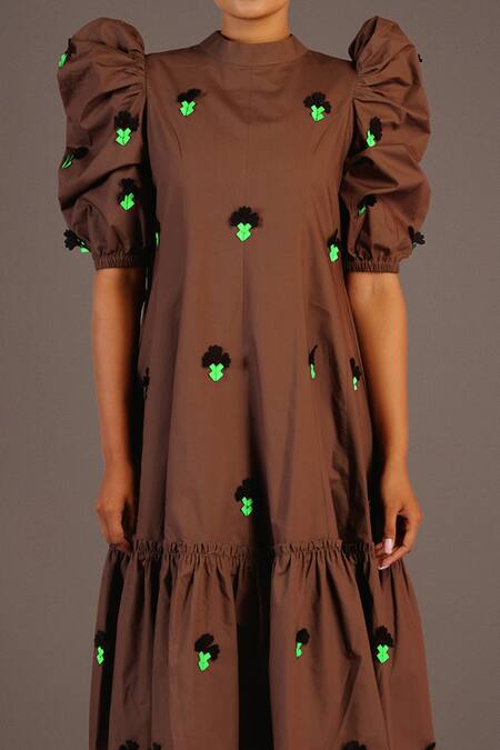 Deepika Arora_Brown Cotton Floral, Confetti Round High Neck Embroidered Dress_at_Aza_Fashions