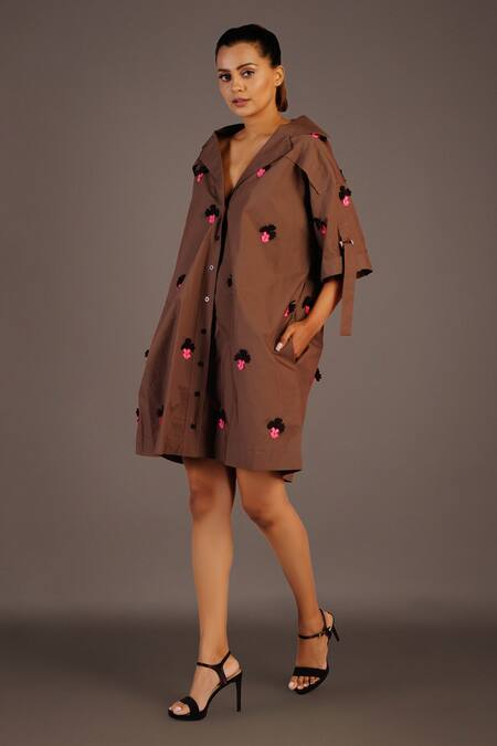 Shop Deepika Arora Brown Cotton Floral, Confetti Notched Lapel Collar Embroidered Shirt Dress Online at Aza Fashions Shop_Deepika Arora_Brown Cotton Floral, Confetti Notched Lapel Collar Embroidered Shirt Dress_Online_at_Aza_Fashions