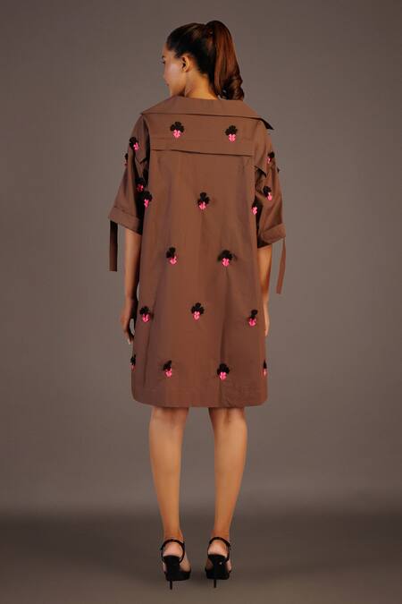 Deepika Arora Brown Cotton Floral, Confetti Notched Lapel Collar Embroidered Shirt Dress at Aza Fashions Deepika Arora_Brown Cotton Floral, Confetti Notched Lapel Collar Embroidered Shirt Dress_at_Aza_Fashions