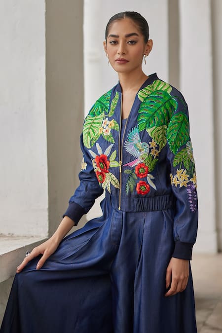 Betrue Blue Denim, Tencel Embroidery Bandeau Neck Tropical Forest Floral Jacket Online at Aza Fashions Betrue_Blue Denim, Tencel Embroidery Bandeau Neck Tropical Forest Floral Jacket _Online_at_Aza_Fashions