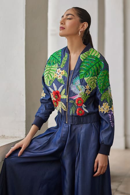 Buy Betrue Blue Denim, Tencel Embroidery Bandeau Neck Tropical Forest Floral Jacket Online at Aza Fashions Buy_Betrue_Blue Denim, Tencel Embroidery Bandeau Neck Tropical Forest Floral Jacket _Online_at_Aza_Fashions