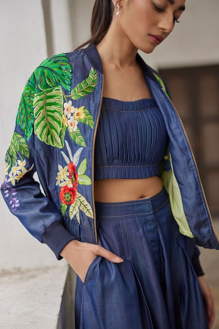 Shop Betrue Blue Denim, Tencel Embroidery Bandeau Neck Tropical Forest Floral Jacket Online at Aza Fashions Shop_Betrue_Blue Denim, Tencel Embroidery Bandeau Neck Tropical Forest Floral Jacket _Online_at_Aza_Fashions