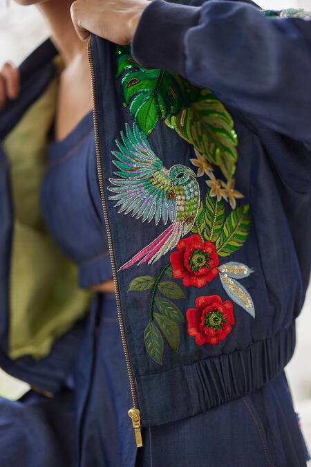 Buy Betrue Blue Denim, Tencel Embroidery Bandeau Neck Tropical Forest Floral Jacket Buy_Betrue_Blue Denim, Tencel Embroidery Bandeau Neck Tropical Forest Floral Jacket
