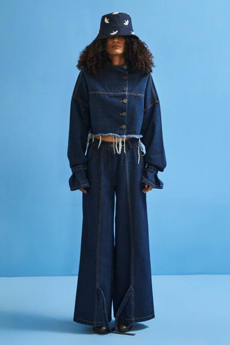 Siddhant Agrawal_Blue Denim High Neck Cropped Jacket _at_Aza_Fashions