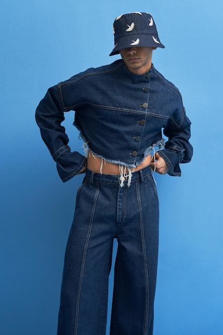 Shop_Siddhant Agrawal_Blue Denim Cropped Jacket _Online_at_Aza_Fashions