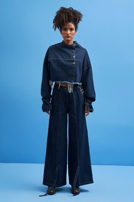 Siddhant Agrawal_Blue Denim High Neck Cropped Jacket _Online_at_Aza_Fashions