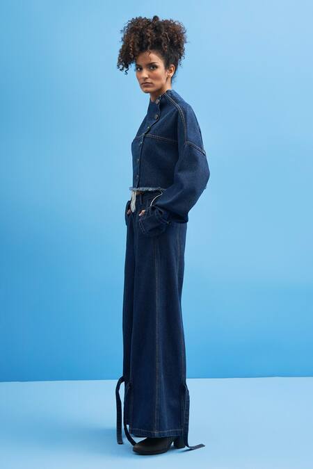 Buy_Siddhant Agrawal_Blue Denim High Neck Cropped Jacket _Online_at_Aza_Fashions