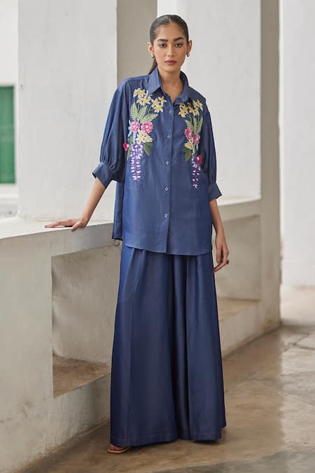 Betrue Blue Denim, Tencel Embroidery Collared Oversized Shirt Online at Aza Fashions Betrue_Blue Denim, Tencel Embroidery Collared Oversized Shirt _Online_at_Aza_Fashions