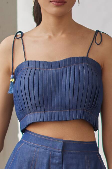 Betrue_Blue Denim, Tencel Tassels Square Neck Pleated Bustier _Online_at_Aza_Fashions