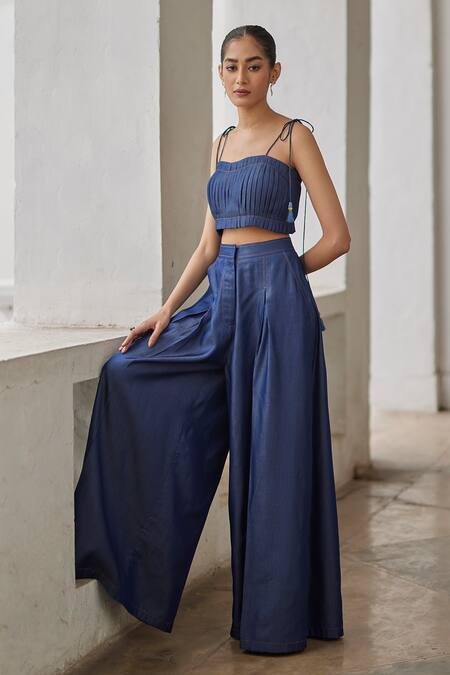 Buy_Betrue_Blue Denim, Tencel Tassels Square Neck Pleated Bustier _Online_at_Aza_Fashions