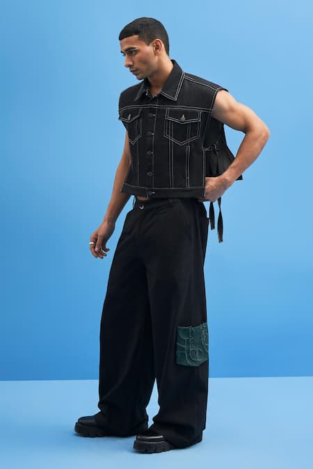 Siddhant Agrawal_Black Denim Tie-up Cropped Jacket _Online_at_Aza_Fashions