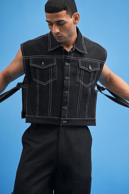 Buy_Siddhant Agrawal_Black Denim Tie-up Cropped Jacket _Online_at_Aza_Fashions