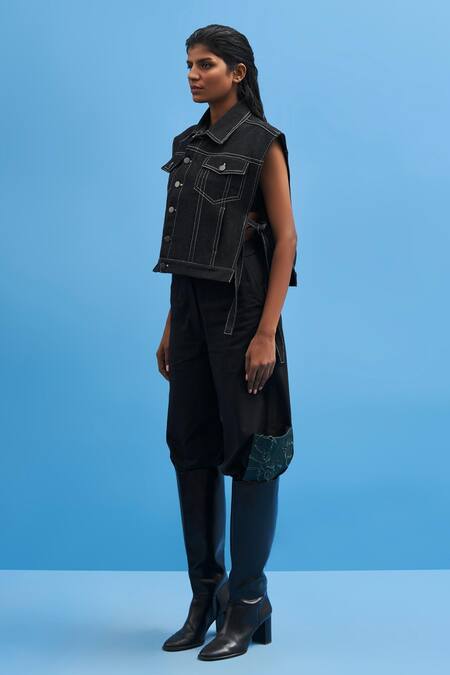 Siddhant Agrawal_Black Denim Shawl Neck Tie-up Cropped Jacket _Online_at_Aza_Fashions