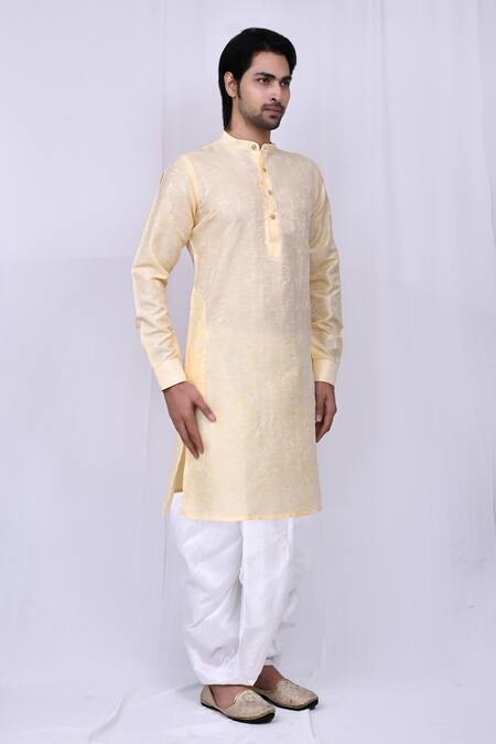 Arihant Rai Sinha_Yellow Cotton, Silk Embroidery Printed Kurta And Dhoti Pant Set _Online_at_Aza_Fashions