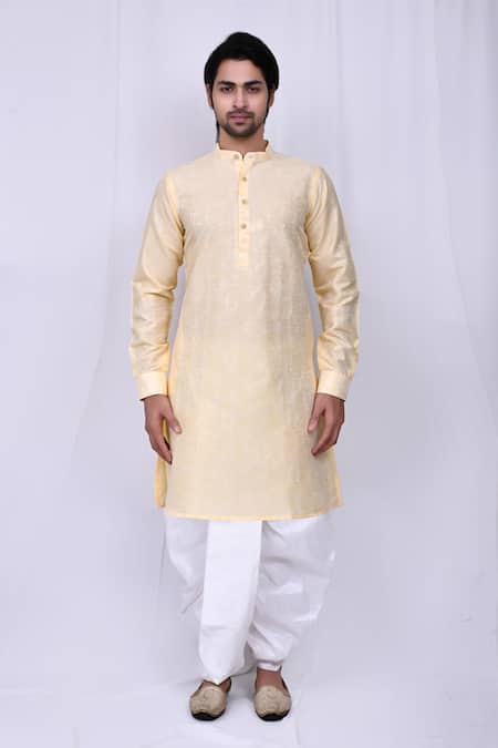 Buy_Arihant Rai Sinha_Yellow Cotton, Silk Embroidery Printed Kurta And Dhoti Pant Set _Online_at_Aza_Fashions