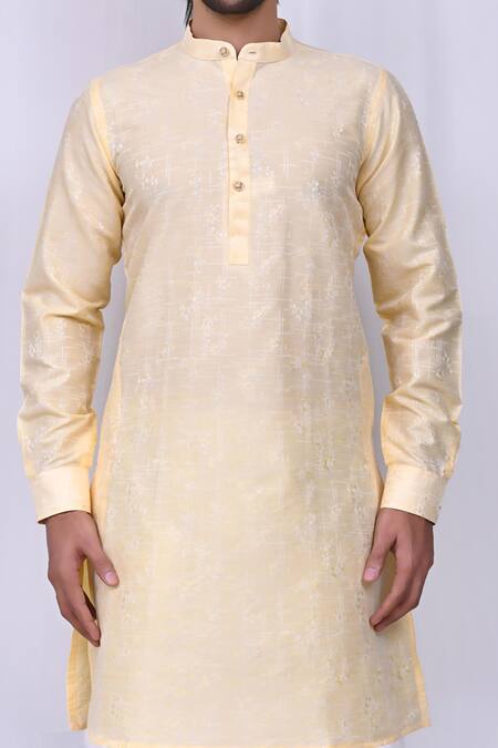 Shop_Arihant Rai Sinha_Yellow Cotton, Silk Embroidery Printed Kurta And Dhoti Pant Set _Online_at_Aza_Fashions