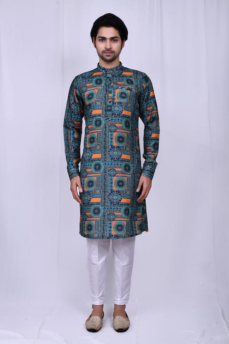 Arihant Rai Sinha_Sky Blue Cotton, Silk Embroidery Moroccan Print Kurta And Pant Set_Online_at_Aza_Fashions