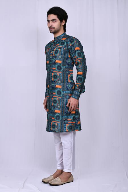 Buy_Arihant Rai Sinha_Sky Blue Cotton, Silk Embroidery Moroccan Print Kurta And Pant Set_Online_at_Aza_Fashions