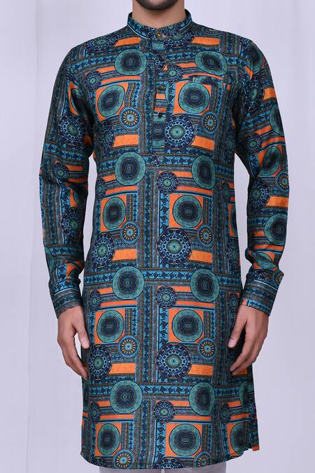 Shop_Arihant Rai Sinha_Sky Blue Cotton, Silk Embroidery Moroccan Print Kurta And Pant Set_Online_at_Aza_Fashions