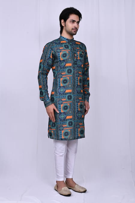 Shop_Arihant Rai Sinha_Sky Blue Cotton, Silk Embroidery Moroccan Print Kurta And Pant Set