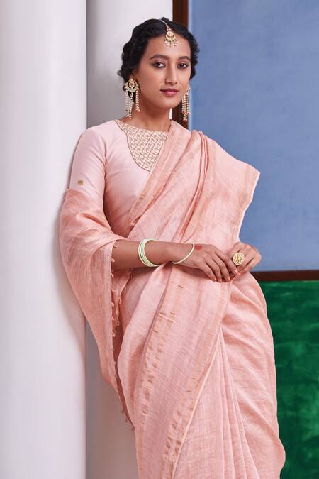 Buy_Dressfolk_Peach Silk Woven Stripe Dilkhush Pattern Saree _Online_at_Aza_Fashions