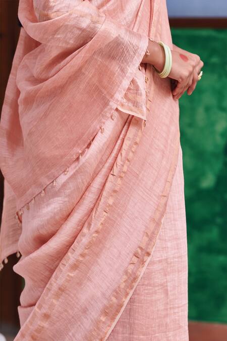 Shop_Dressfolk_Peach Silk Woven Stripe Dilkhush Pattern Saree _Online_at_Aza_Fashions