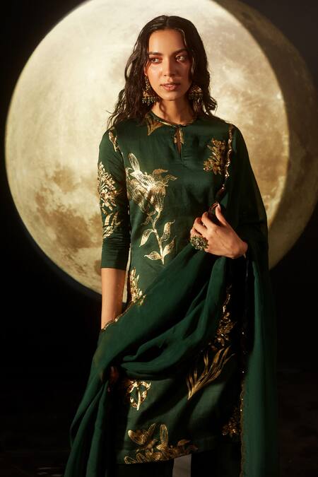 Dohr India_Green Silk, Organza, Cotton, Chanderi Embroidery, Sequins Kurta Palazzo Set _Online_at_Aza_Fashions