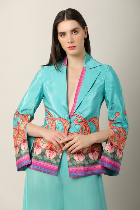 Limerick By Abirr N' Nanki_Multi Color Crepe Embroidery Collared Ela Paisley Print Jacket _at_Aza_Fashions