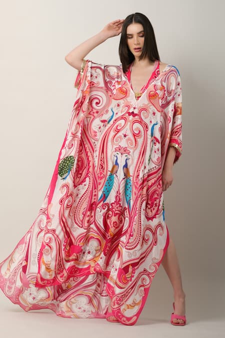 Buy Limerick By Abirr N' Nanki Multi Color Crepe Plunge Neck Danya Paisley And Peacock Print Kaftan Buy_Limerick By Abirr N' Nanki_Multi Color Crepe Plunge Neck Danya Paisley And Peacock Print Kaftan