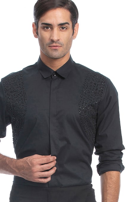 Shop_Rohit Gandhi + Rahul Khanna_Black Cotton Beads Hand Embroidered Shirt _Online_at_Aza_Fashions