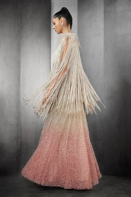 Shop_Rohit Gandhi + Rahul Khanna_Pink Tulle, Linen Sequins, Crystals Astral Ombre Embellished Gown With Cape _Online_at_Aza_Fashions