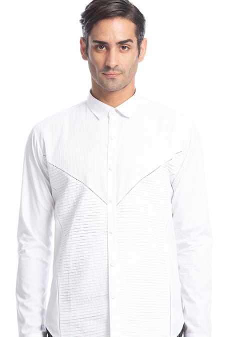 Shop Rohit Gandhi + Rahul Khanna White Cotton Embroidery Pintucked Shirt Online at Aza Fashions Shop_Rohit Gandhi + Rahul Khanna_White Cotton Embroidery Pintucked Shirt _Online_at_Aza_Fashions
