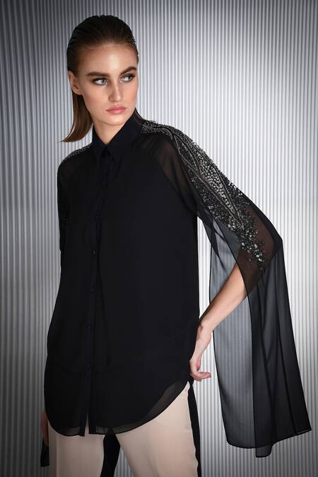 Shop Rohit Gandhi + Rahul Khanna Black Polyester Sequins Collared Cape Sleeve Top Online at Aza Fashions Shop_Rohit Gandhi + Rahul Khanna_Black Polyester Sequins Collared Cape Sleeve Top _Online_at_Aza_Fashions
