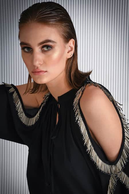 Shop_Rohit Gandhi + Rahul Khanna_Black Polyester, Crepe Tassels Bandeau Neck Cold Shoulder Detail Top _Online_at_Aza_Fashions