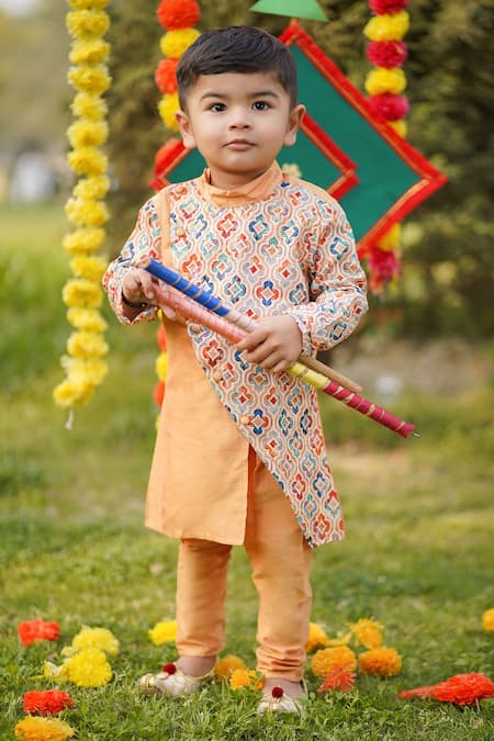 The Blue Morphology_Peach Cotton, Silk Embroidery Printed Overlap Panel Kurta With Pant _Online_at_Aza_Fashions