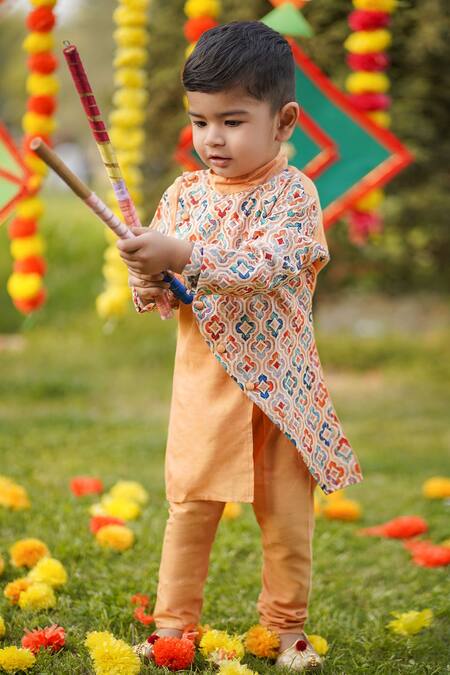 Buy_The Blue Morphology_Peach Cotton, Silk Embroidery Printed Overlap Panel Kurta With Pant _Online_at_Aza_Fashions