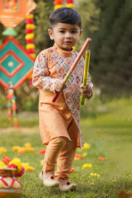 Shop_The Blue Morphology_Peach Cotton, Silk Embroidery Printed Overlap Panel Kurta With Pant _Online_at_Aza_Fashions