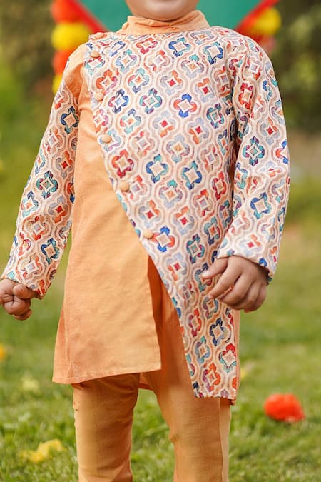 The Blue Morphology_Peach Cotton, Silk Embroidery Printed Overlap Panel Kurta With Pant _at_Aza_Fashions