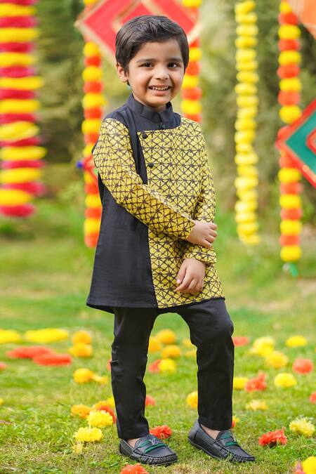 The Blue Morphology_Black Cotton, Silk Printed Panel Kurta With Pant _Online_at_Aza_Fashions