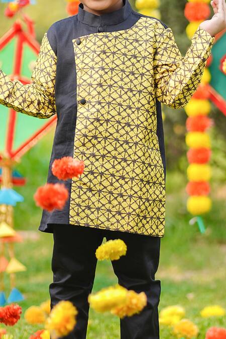 Shop_The Blue Morphology_Black Cotton, Silk Printed Panel Kurta With Pant _Online_at_Aza_Fashions