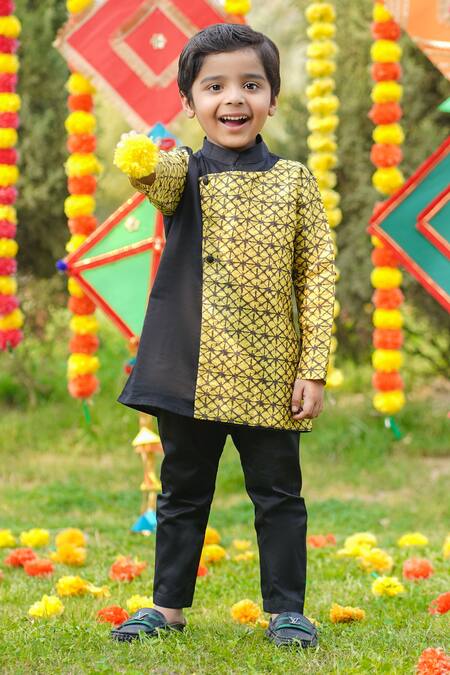 The Blue Morphology_Black Cotton, Silk Printed Panel Kurta With Pant _at_Aza_Fashions