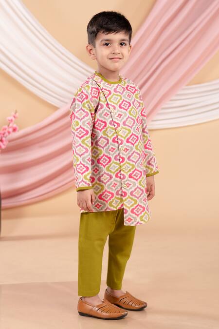 The Blue Morphology_Multi Color Cotton Embroidery Asymmetric Panel Printed Kurta And Pant Set _Online_at_Aza_Fashions