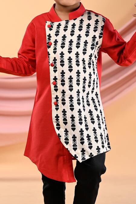 Shop_The Blue Morphology_Red Cotton Embroidery Contrast Printed Panel Kurta With Pant _Online_at_Aza_Fashions