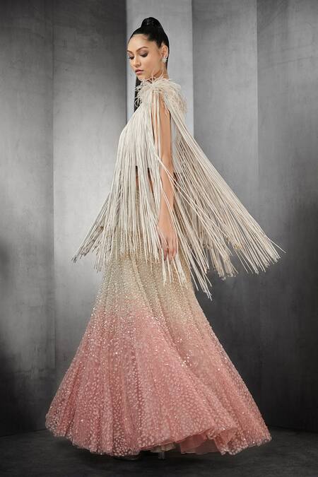 Buy_Rohit Gandhi + Rahul Khanna_Pink Tulle, Linen Sequins, Crystals Astral Ombre Embellished Gown With Cape _Online_at_Aza_Fashions