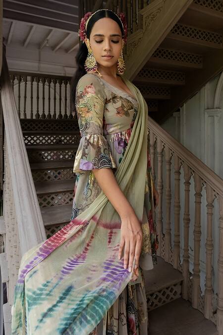 Shop_Amrin Khan_Green Georgette Floral V Neck Kurta Gharara Set  _Online_at_Aza_Fashions