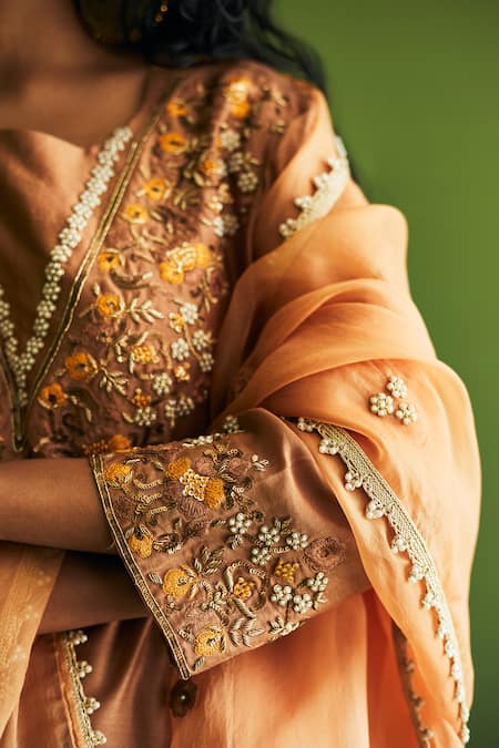 Buy_Esha Arora_Brown Silk Chanderi Floral Round Kurta Set_Online_at_Aza_Fashions